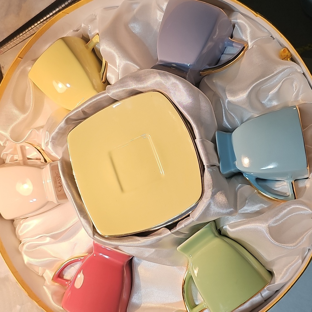 Classic Multi Colored Ceramic Coffee And Tea Cup And Saucers